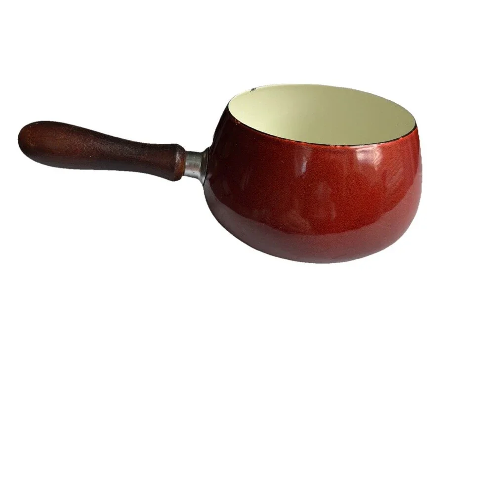 Vintage Red / Burnt Orange Wooden Handle Enameled Fondue Pot - No Lid - 5”